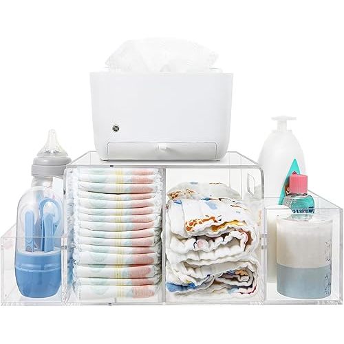 Diaper Caddy Acrylic, Baby Changing Table Organizer, Dresser Tabletop Organizer with 4 Detachable Compartments, Storage for Wipe Dispenser, Anti-slip Rubber Feet, Newborn Baby Essentials, Transparent