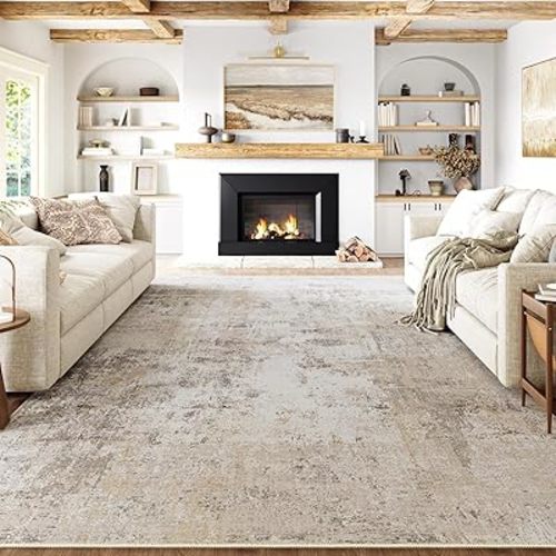 8x10 Washable Area Rug Beige Grey Neutral Abstract Living Room Bedroom Large Throw Rug Non Slip Soft Low Pile Indoor Floor Carpet for Dining Room Kitchen Office Entryway Decor