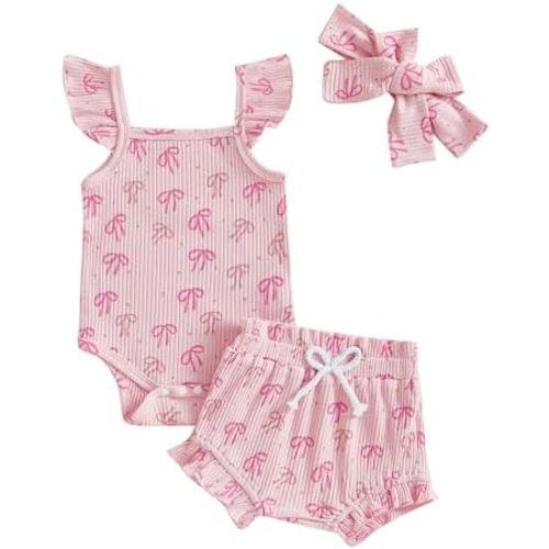 Infant Baby Newborn Girl Summer Outfit Sleeveless Ruffle Flower/bow/Butterfly Print Top Hairband 3Pcs Shorts Set