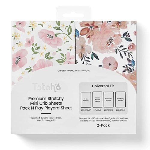 Graco Pack and Play Sheets Fitted, TotAha Buttery Soft Mini Crib Sheets Girl, Floral Pack N Play Mattress Sheets Hypoallergenic, Premium Jersey Playrad Sheets, Meredith Allover & Pale Pink, 2 Pack - Meredith Allover Floral & Pale Pink Flowers - Pack N Pac