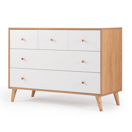 dadada Austin 5-Drawer Dresser - Dresser for Nursery and Kids Room - White Bedroom Dresser - Large, Deep Drawers - Soft Close and Anti Tip - Chest of Drawers Storage (White + Red Oak)