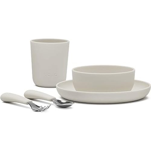 Lalo Big Bites Kids Dinnerware Starter Set - Dishwasher Safe, BPA Free, Kids Tableware Set - Includes Stackable Bowl, Plate, Utensils & Cup - 5 Pieces - Oatmeal