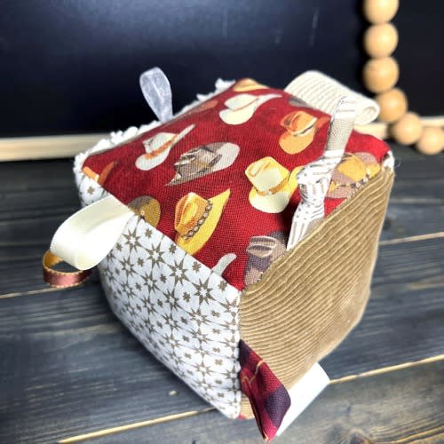 Cowboy sensory block, horse farm, activity cube, unisex baby shower gift, Montessori, cloth fabric, teething ring, stroller toy, ranch theme