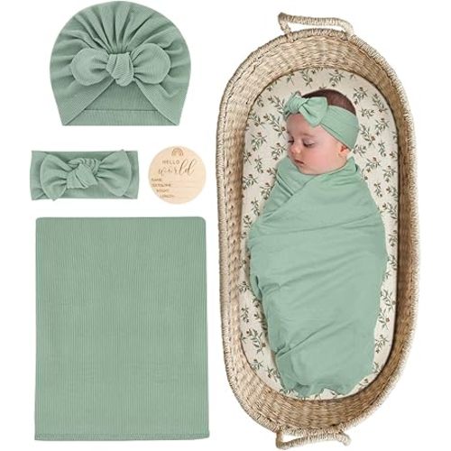 Stretchy Baby Swaddle Blanket and Headband Set, Newborn Receiving Blankets with Matching Hat for Nursery Swaddle Wrap