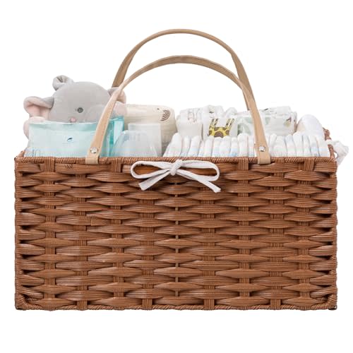 HBlife Diaper Caddy Organizer, Washable Waterproof, Portable Plastic Wicker Woven Basket with Divider, Nursery Diaper Station, Baby Shower Gifts Basket & Car Organizer
