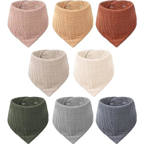 Konssy Muslin Baby Bibs 8 Pack Bandana Drool 100% Cotton for Unisex Baby, Solid Colors Set Teething and Drooling