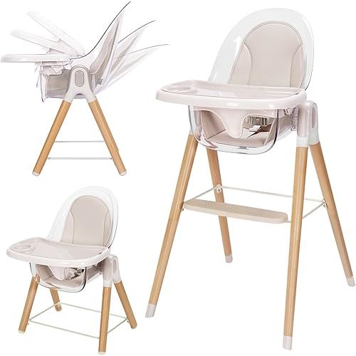 Baby High Chair, 6-in-1 Convertible Wooden Recline Chair with Adjustable Hardwood Leg for Babies and Toddlers, Double Dishwasher Safe Tray & Premium Leatherette
