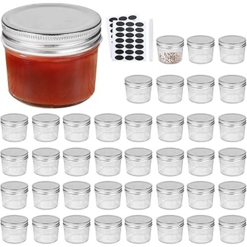 QAPPDA 4oz Glass Jars With Lids,Small Mason Jars Wide Mouth,Mini Canning Jars With Silver Lids For Honey,Jam,Jelly,Baby Foods,Wedding Favor,Shower Favors,Spice Jars For Kitchen & Home,Set of 40