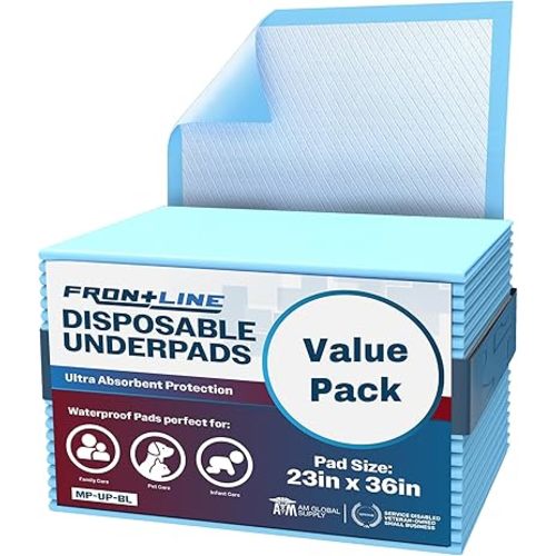FRONTLINE Disposable Underpads Large 23'' X 36'' Absorbent Bed Pads, Medical Hospital Bed Incontinence Chux Pads | Thick Waterproof Protection for Kids, Adults, Elderly Liquid, Urine, Accidents (50)