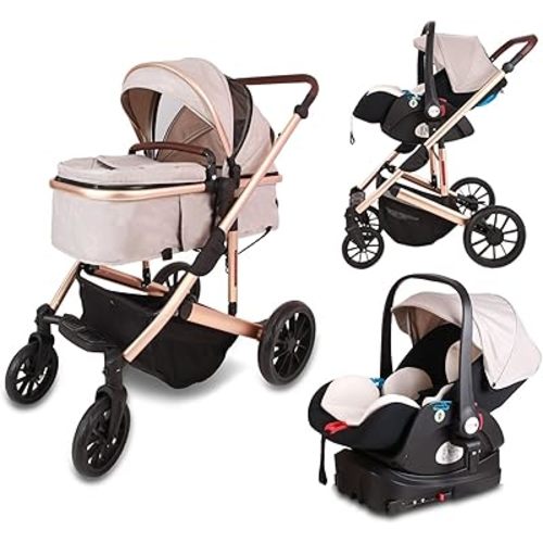 5 in 1 Baby Stroller,Reversible Infant Pushchair, Compact Fold Baby Stroller, Two-Way with Reversible Seat Design, with Aluminum Frame, Large Seat Area, Extra Large Storage Basket(Color:White)
