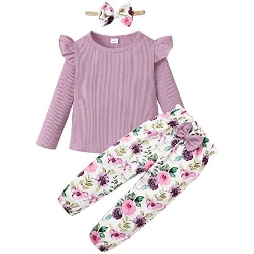 YALLET 3Pcs Toddler Girl Clothes Solid Color Long Sleeves Ruffle Top+Floral Pants+Headband 1-6 Years Fall/Winter Outfits Set