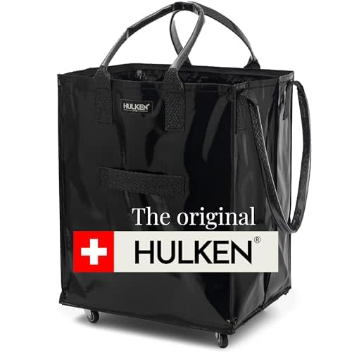 HULKEN (Medium, Black) Reusable Grocery Bag On Wheels, Shopping Trolley, Rolling Tote, Zipper Closure, Lightweight, Carries Up to 66 lb, Folds Flat, Unbreakable Handles