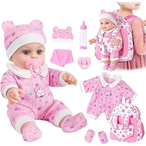 12" Baby Doll in Gift Box with Pink Backpack, Cloths, Feeding Bottle and Pacifier, First Baby Dolls for Toddlers 3 Years and Up