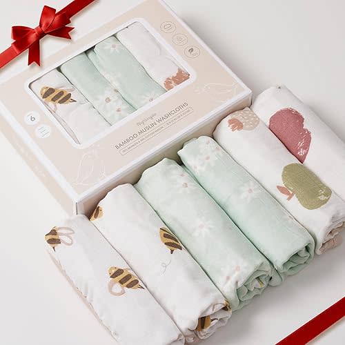 Nightingale Baby Washcloths, Organic Cotton Muslin with Rayon Made from Bamboo - Soft Burp Cloths for Newborn Sensitive Skin - 12x12 Face or Baby Towel - Bath Baby Essentials - 6 Pack (Bee)