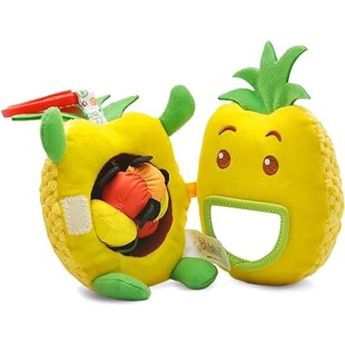 Jollybaby Newborn Plush Stuffed Fruit Rattle Toy for Stroller Car Seat Crib, Montessori Sensory Plush Pineapple Toy with Rattle and Mirro Toy for Baby 0-6-12 Month, Infant Baby Boy & Girl Shower Gift