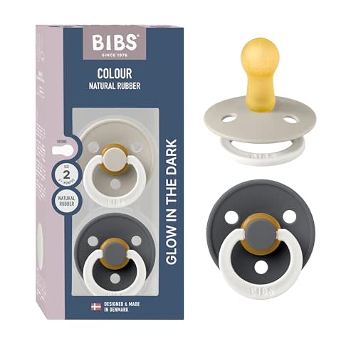 BIBS Colour Night Glow in The Dark Soother 2-Pack, BPA Free Dummy Pacifier, Round Nipple. Natural Rubber Latex, Made in Denmark, Size 2 (6-18 Months), Sand Glow/Iron Glow