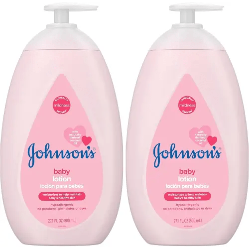 Johnson's Moisturizing Mild Pink Baby Lotion with Coconut Oil for Delicate Baby Skin, Paraben-, Phthalate- & Dye-Free, Hypoallergenic & Dermatologist-Tested, Baby Skin Care, 27.1 Fl. Oz (Pack of 2)