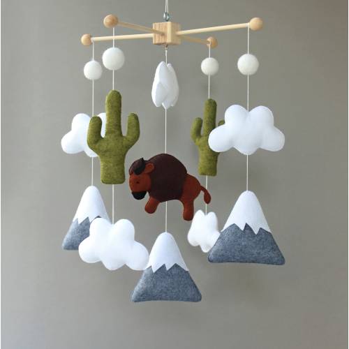 Bison western cowboy baby mobile, Desert prairie kid room design, Adventure children room decor, Journey buffalo crib mobile, Newborn gift