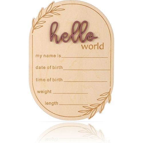 Baby Announcement Sign, Wooden Hello World Newborn Welcome Sign Name Plaque Personalized Birth Announcement Board for Hospital Photo Props Baby Shower Nursery Decor (Brown)