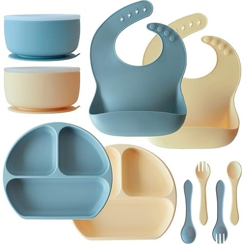 10 PC Silicone Baby Essentials Feeding Set, 2 Silicone Suction Plates, 2 Silicone Suction Bowls, 2 Bibs, 2 Spoons 2 Forks, BPA Free, Microwave & Dishwasher Safe, o1baby