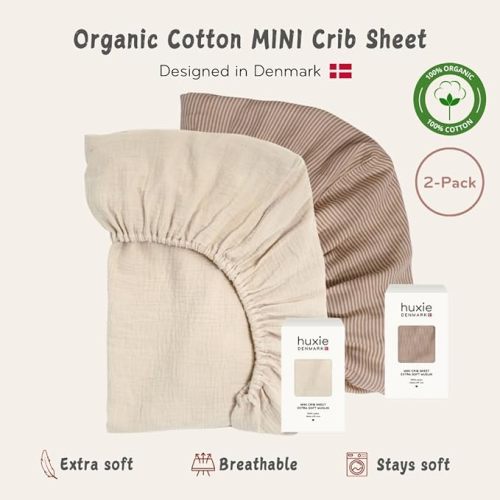 24 x 38 Mini Crib Sheets 2-Pack | Ultra-soft And Breathable Organic Crib Sheets For Boys and Girls | Organic Mini Crib Sheets Fitted for Pack and Play (Fog/Stripe)