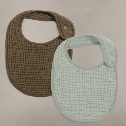 'Bark' Brown & 'Sea Moss' Sage Green - Premium Muslin Bib 2-Pack