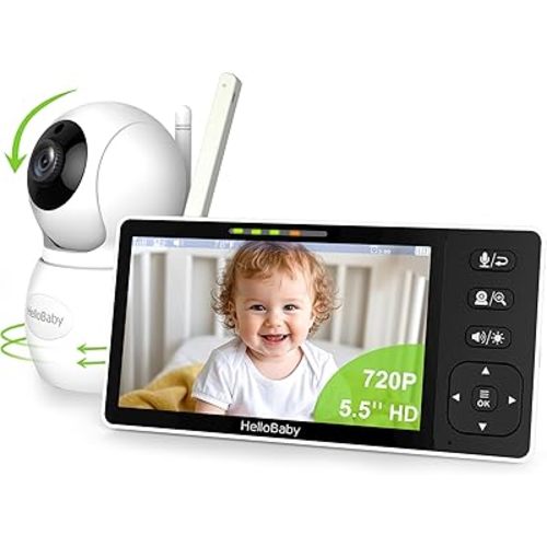 HelloBaby 720P 5.5'' HD Baby Monitor with Camera and Audio No WiFi, Video Baby Monitor, Remote Pan Tilt Zoom Wide View and Range, 1080P Infant Camera, 4000mAh Battery, Night Light, Hack Proof, 1000ft