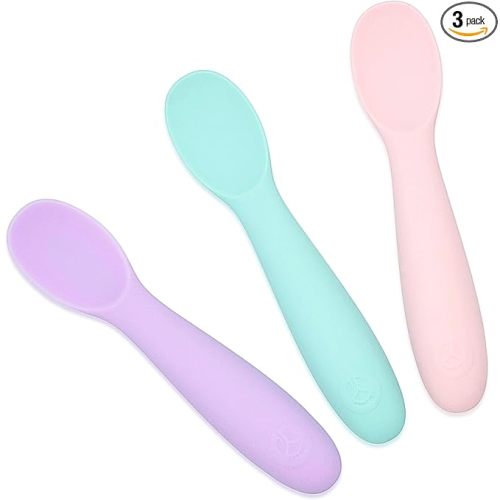 WeeSprout Baby Spoons for Self Feeding 6 Months +, Soft & Durable Silicone Utensils for Sensitive Gums & Teeth, Easy Grip Handles & Shorter Length for Little Hands, 3 Pack + Carrying Case