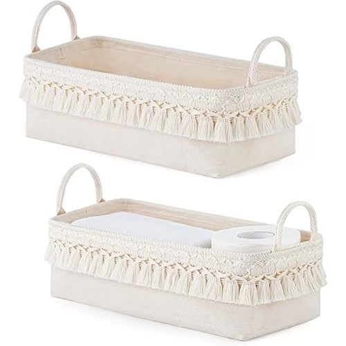 Mkono 2 Pack Storage Baskets for Bathroom Closet Shelf Boho Decor Small Storage Bins with Tassels Cute Rectangular Organizers with Handles for Bedroom Nursery Dorm, Ivory, 13.38"L x 6.3"W x 3.9"H