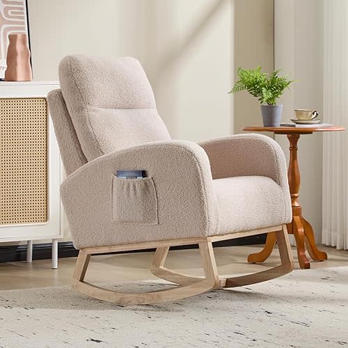 Rocking Chair Nursery, Nursing Rocking Chair with High Backrest for Mom Nursery, Sherpa Armchair Glider Rocker with Side Pocket, Upholstered Lounge Chair for Living Room, Bedroom, Teddy Geige