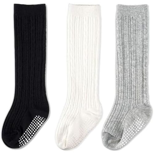 CozyWay Baby & Toddler Knee High Socks With Grippers Non Slip Grip Socks for Girls Soft Comfy Cotton - Multi Color - 3 Pack
