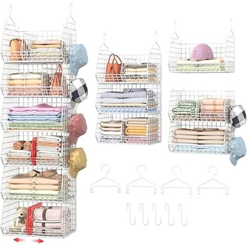 6 Tier Extra Large Hanging Closet Organizer, Closet Storage Hanger with Dividers, Wire Closet Shelf with 5 S Hooks 4 Dividers,Sweater Handbag Hat Accessory Storage Hanger,White