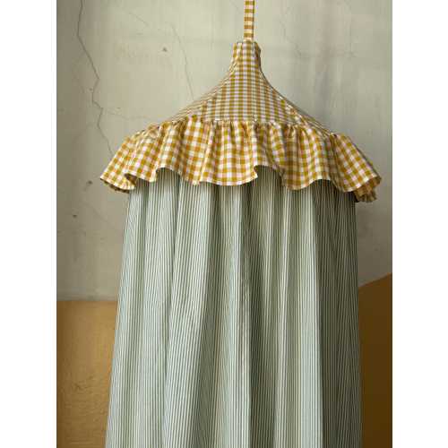 Fairy Green Canopy – mustard gingham check and pistachio stripes