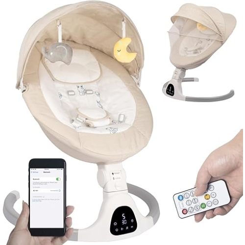 Baby Swing for Infants to Toddler Portable Babies Swing Timing Function 5 Swing Speeds Bluetooth Touch Screen Music Speaker with 10 Preset Lullabies 5-Point Carabiner (Ivory White)