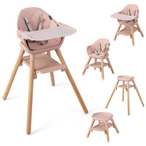 Costway 6-in-1 Convertible Wooden Baby Highchair Infant Feeding Chair with Removable Tray Black/Grey/Pink/White/Beige, Color: Pink