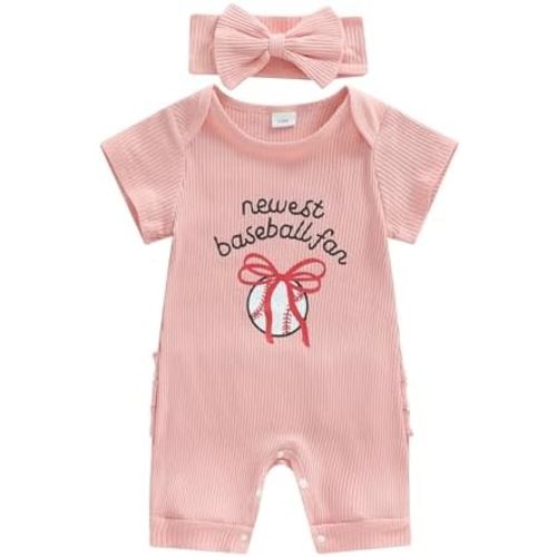 Baby Girl Baseball Outfits Short Sleeve Letter Baseball Print Ribbed Romper Infant Bodysuit with Headband
