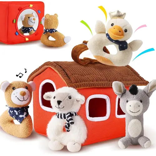 iPlay, iLearn Baby Toys 3 6 12 Month Newborn Gifts, Infant Soft Farm Stuffed Animal Rattles Plush Barn, Boy Girl Stuff, Shower Basket Stuffer, Sensory Hand Development Toy 0 2 4 7 9M 1 Yr - Farm