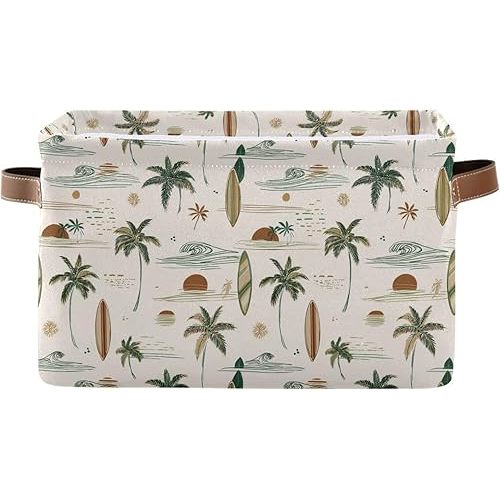 Aslsiy Storage Basket - Hawaii Palm Surf Nursery Bins Brown Baby Box Canvas Clothes Shelf Laundry Hamper Gift Basket for Home Closet - 1 Pcs