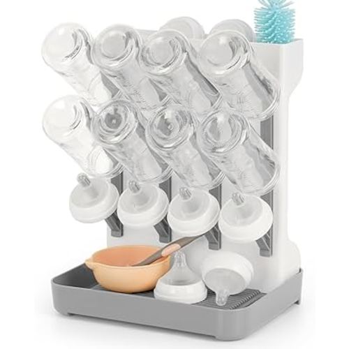 Baby Bottle Drying Rack, Space Saving Baby Bottle Organizer for Countertop Large Bottle Storage Holder 12 Bottles & Baby Accessories Grey