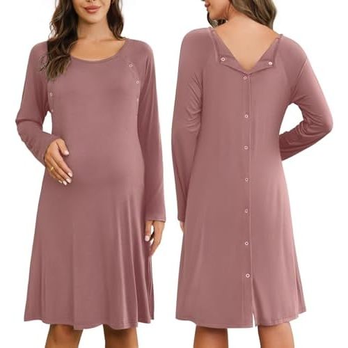 Ekouaer Women Maternity Nightgown Labor Delivery Nursing Gown Hospital Breastfeeding Dress Button Down Long Sleeve Sleepwear