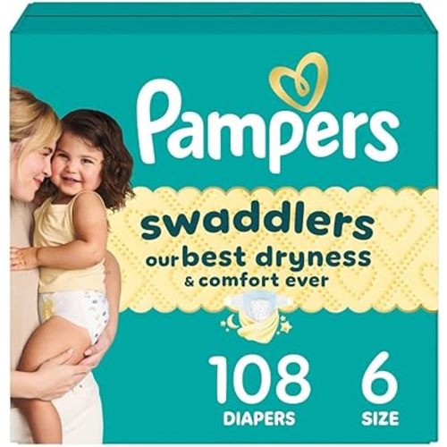Pampers Swaddlers Diapers, Size 6 (23-44 lbs), 108 Count, Absorbent, Keeps Baby Dry and Comfortable, Skin Safe Disposable Baby Diaper (Packaging May Vary)