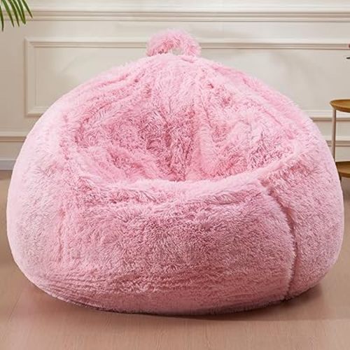 Bean Bag Chair Cover (No Filler), Soft Faux Fur Stuffed Animal Bean Bag Chairs Covers for Kids, 27"x21" Pink