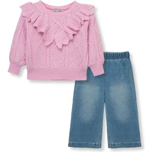 Cable Knit Ruffle Sweater & Wide Leg Pants Set, 12M
