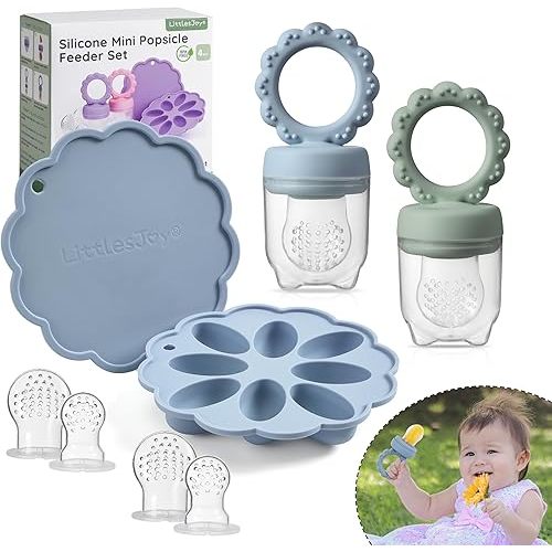 Baby Fruit Food Feeder & Mini Popsicle Ice Tray Set, BPA Free Silicone Baby Feeder for Safe Solid Food Feeding, Breastmilk Popsicle Molds for Cooling Relief, 4 Month+ (Spring)