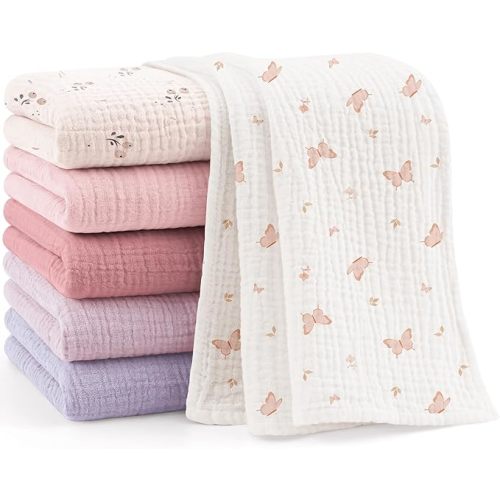 Bearmoss 6 Pack Muslin Burp Cloths for Baby, 100% Cotton Soft Large Burping Cloths for Unisex, Boy, Girl, 23.6" X 23.6" Newborn Essentials Absorbent Milk Spit Up Rags (Pink Purple)