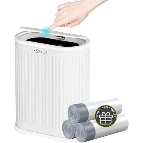 1.8 Gallons Small White Bathroom Trash Can with Lid, Slim Bathroom Garbage Bin, Removable Liner Bucket, Dog Proof Trash Can with Pop-Up Lid for Bedroom,Toilet