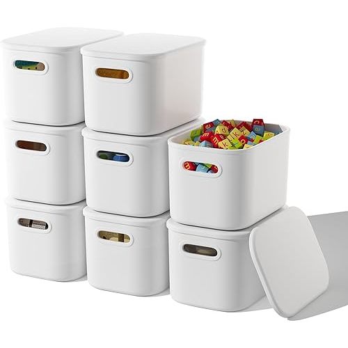 8 Pack White Storage Bins with Lids Stackable Storage Container for Organizing, Storage Boxes with Handle for Shelves, Cute Storage Bin for Craft, Snacks, 9.85x6.9x5.7 inch