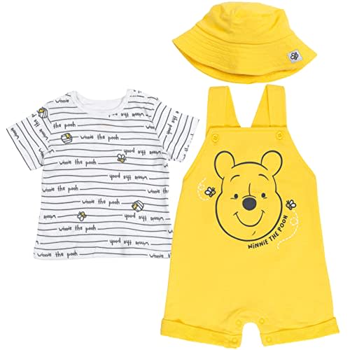 Disney Tigger Winnie the Pooh Baby French Terry Short Overalls T-Shirt and Hat 3 Piece Outfit Set Newborn to Infant