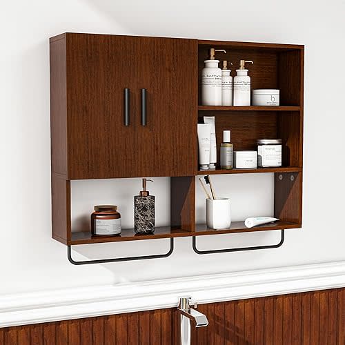 Solid Wood Wall Mounted Bathroom Cabinet, Farmhouse Rustic Over The Toilet Storage Cabinet, Medicine Cabinet Organizer with Door, Towel Bar & Adjustable Shelves