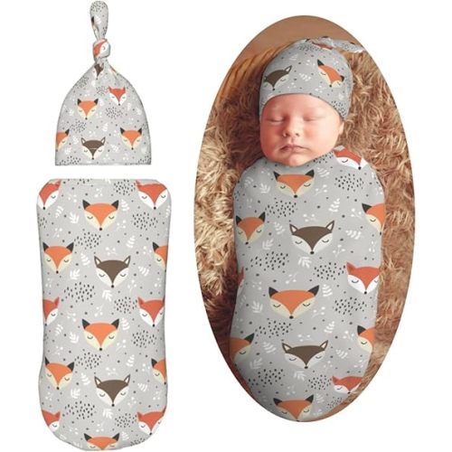 Cute Forest Fox Seamless Newborn Swaddle Blankets Hat Sets Soft Baby Receiving Blanket Swaddle Sack for Baby Shower Infant Boy Girl Gift